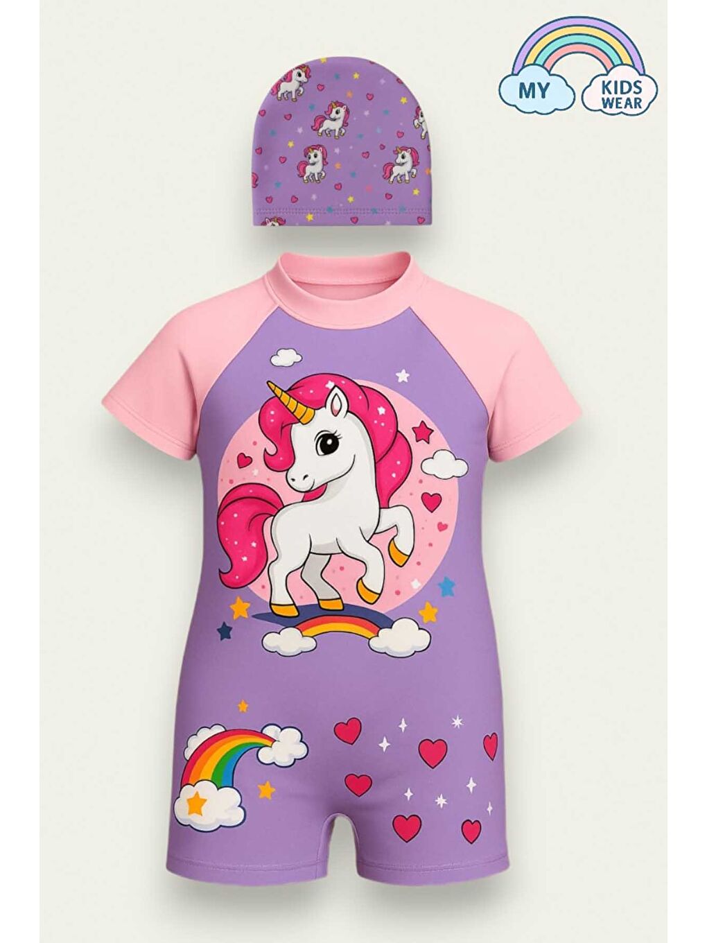 Mor Kız Çocuk Tam Vücut Sırt Fermuarlı Mayo Sevimli Desen Baskılı Boneli Takım