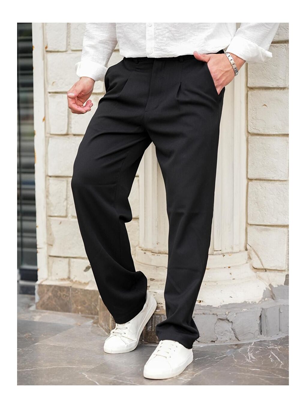 Siyah Pileli Klasik Baggy Erkek Pantolon