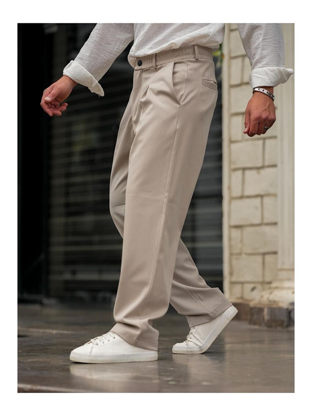 Tarz Cool Bej Pileli Klasik Baggy Erkek Pantolon - 1