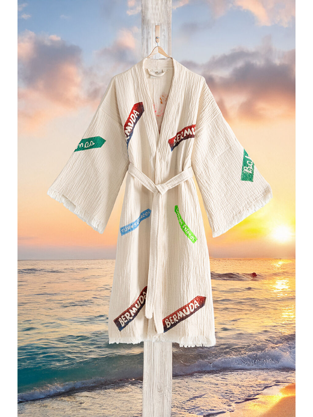 Ekru Organik %100 Pamuk Kimono Yaka Sabalık Bornoz Plaj Elbisesi - Nomada KREM/S/M-1