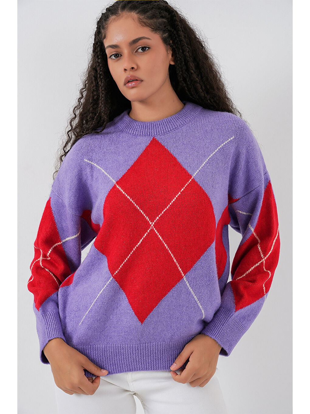 15895 Baklava Desenli Oversize Triko Kazak - B.Lila