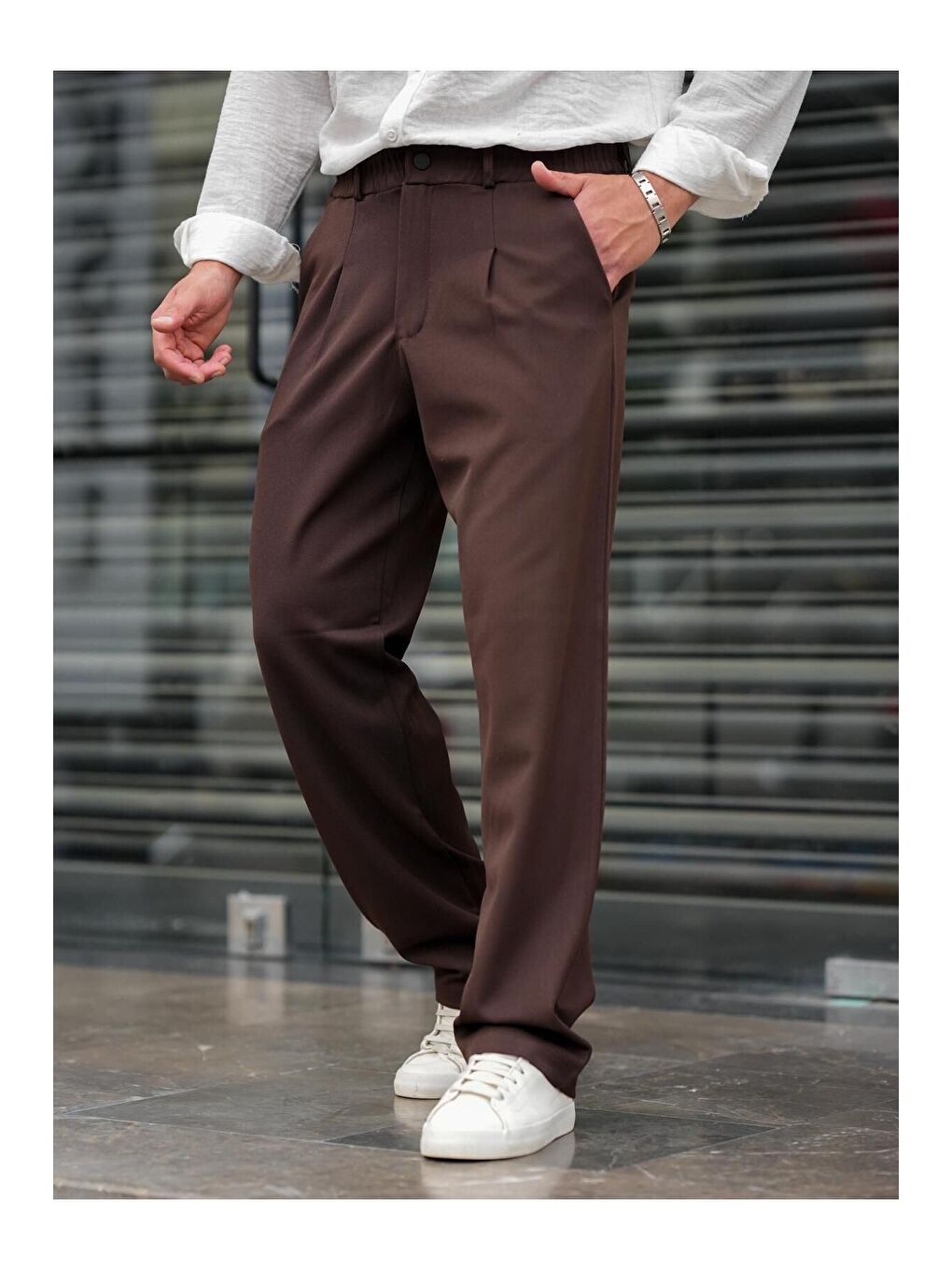 Kahverengi Pileli Klasik Baggy Erkek Pantolon-1