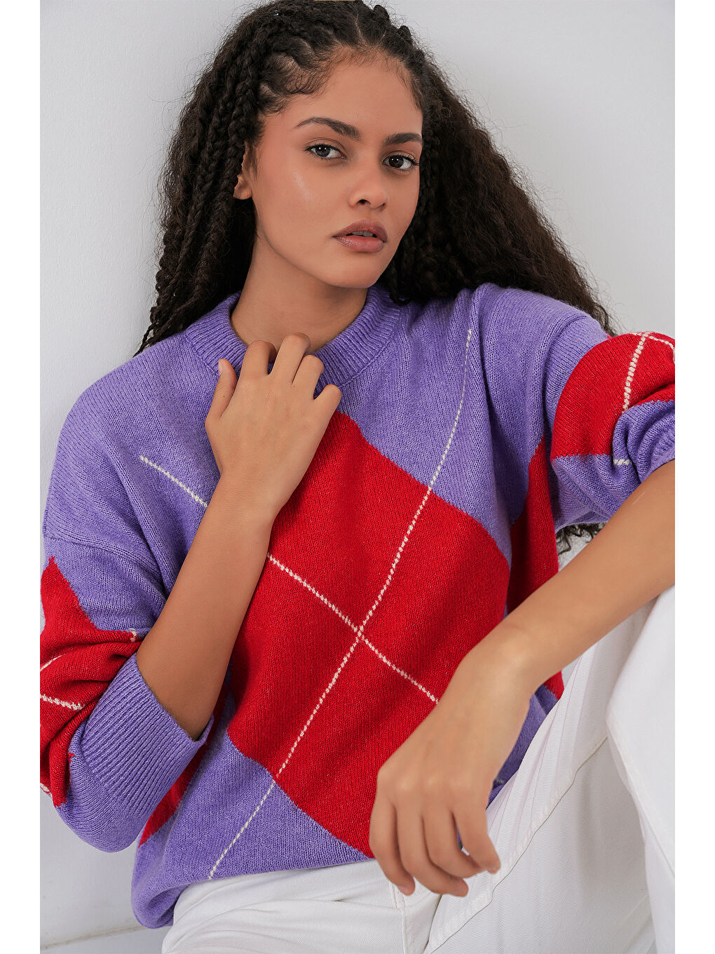 15895 Baklava Desenli Oversize Triko Kazak - B.Lila-1