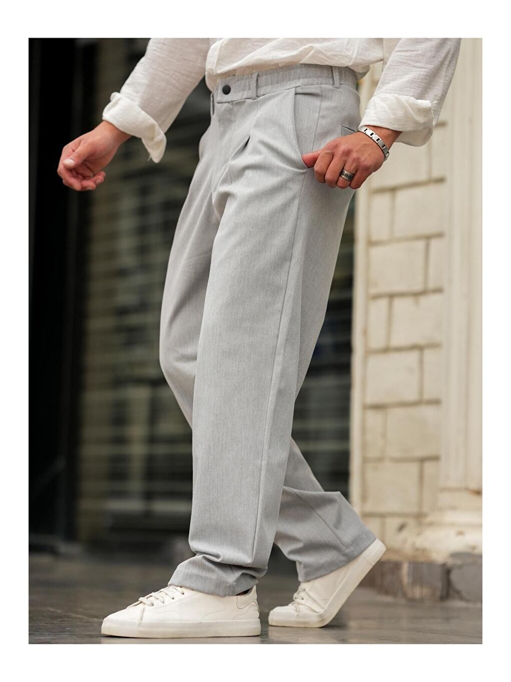 Gri Pileli Klasik Baggy Erkek Pantolon-2
