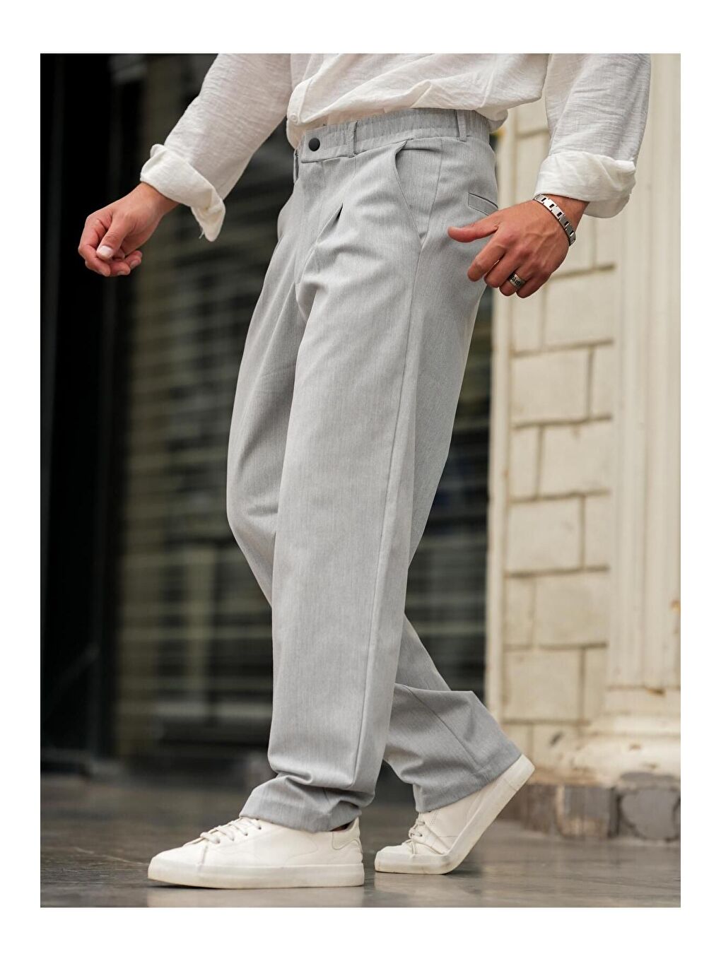 Gri Pileli Klasik Baggy Erkek Pantolon-4