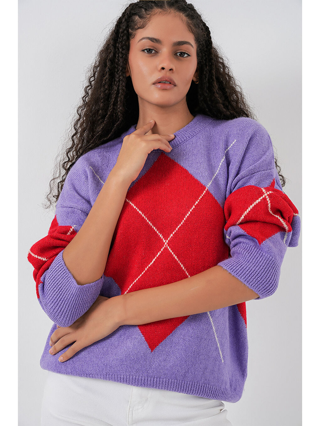 15895 Baklava Desenli Oversize Triko Kazak - B.Lila-2