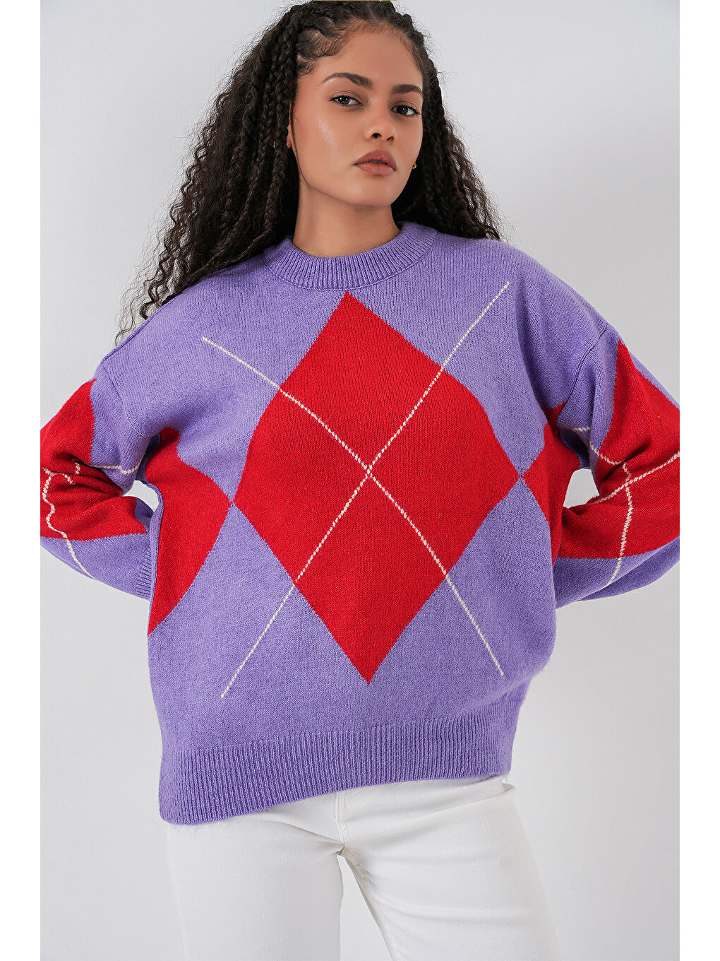 15895 Baklava Desenli Oversize Triko Kazak - B.Lila-3