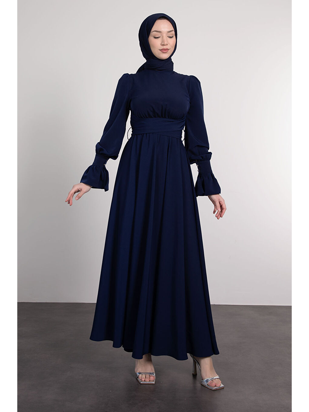 Lacivert Kendinden Kemer Detaylı Tesettür Kadın Elbise-2