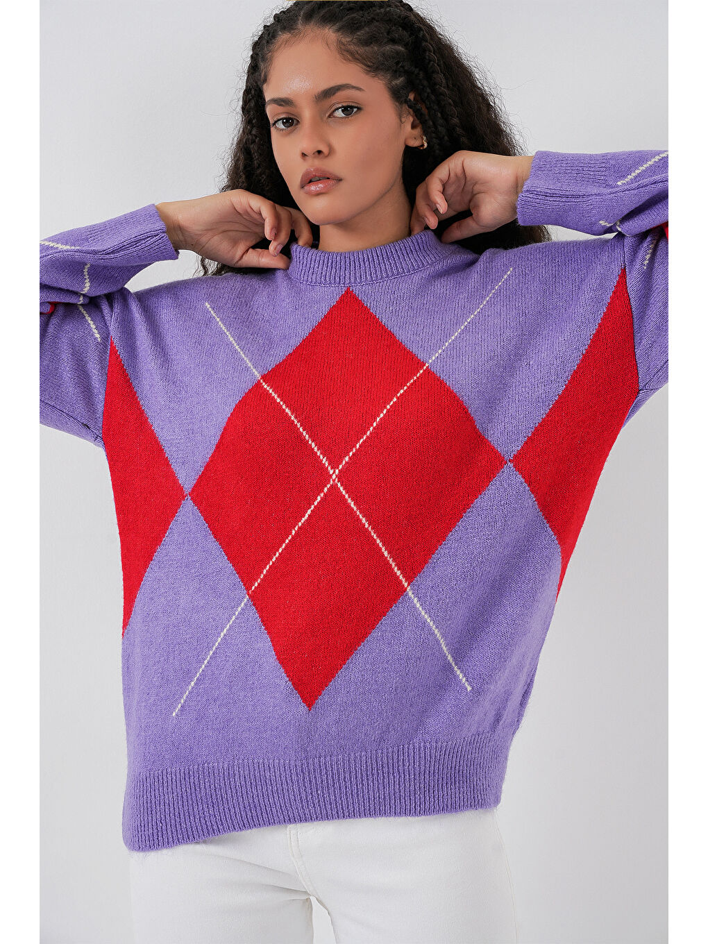 15895 Baklava Desenli Oversize Triko Kazak - B.Lila-4