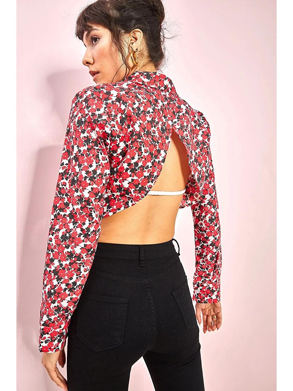 Kırmızı Kadın Desenli Bağlamalı Crop Bluz 1019-2