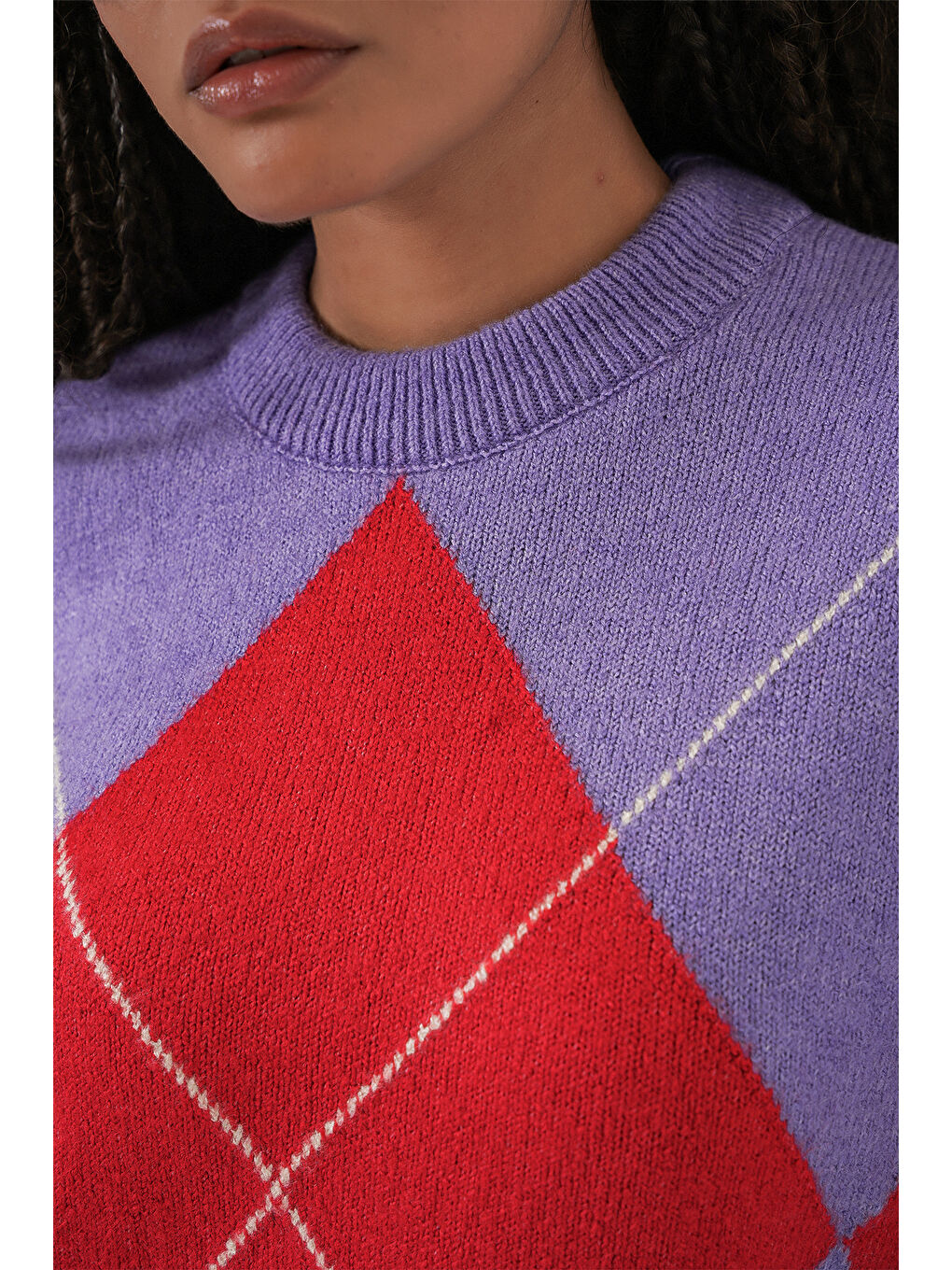 15895 Baklava Desenli Oversize Triko Kazak - B.Lila-5