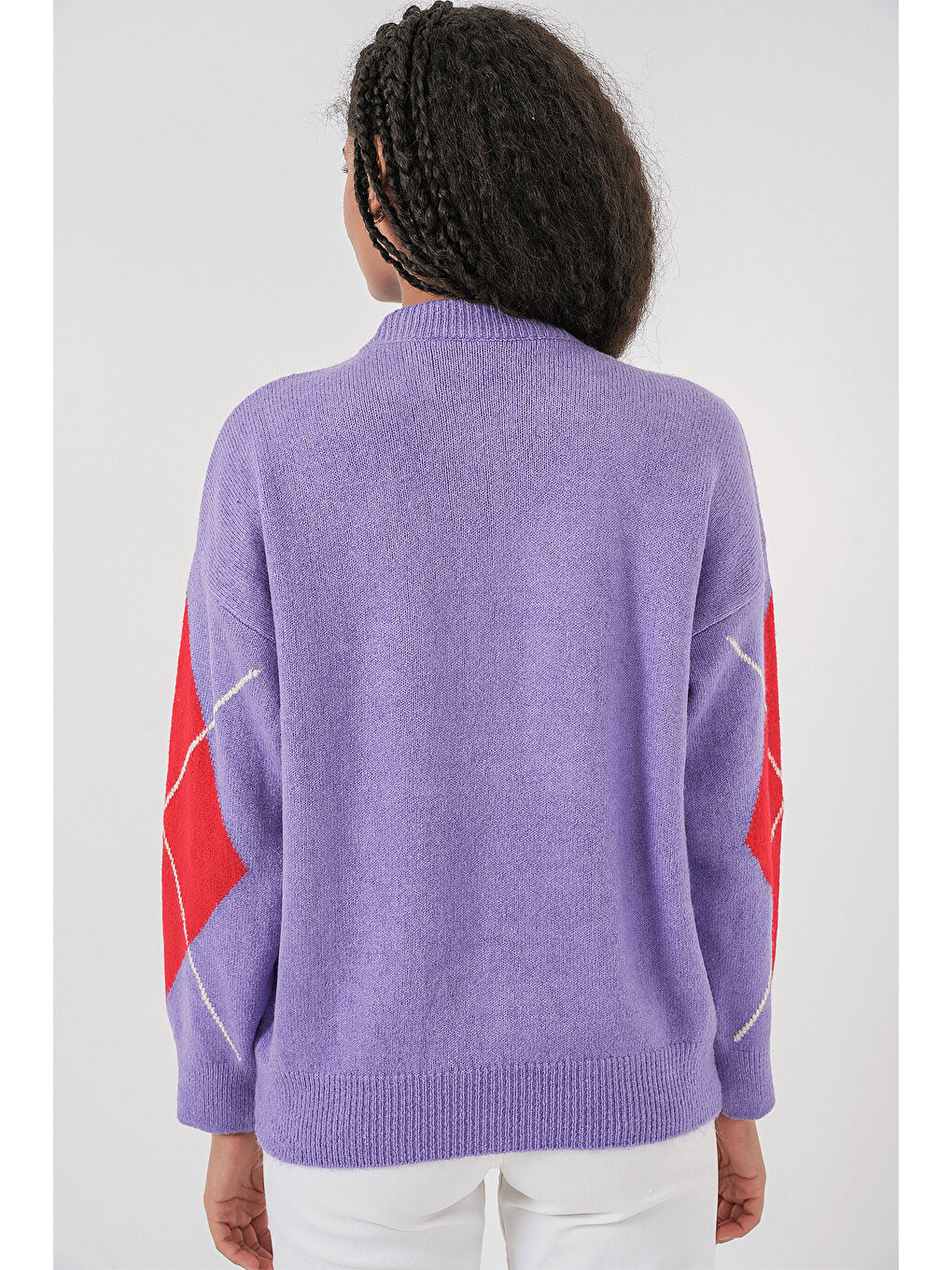 15895 Baklava Desenli Oversize Triko Kazak - B.Lila-6