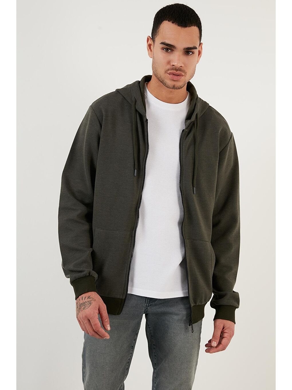 Haki Regular Fit Kapüşonlu Cepli  Pamuklu Fermuarlı Sweatshirt 5905218