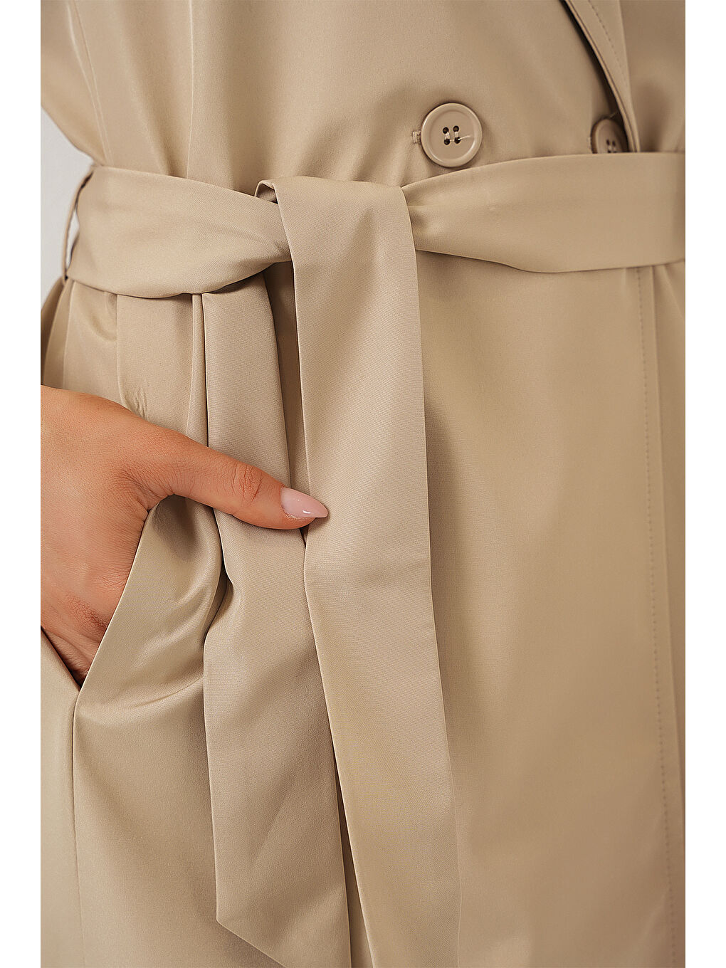 9104 Kruvaze Yaka Astarlı Trençkot - Bej-5