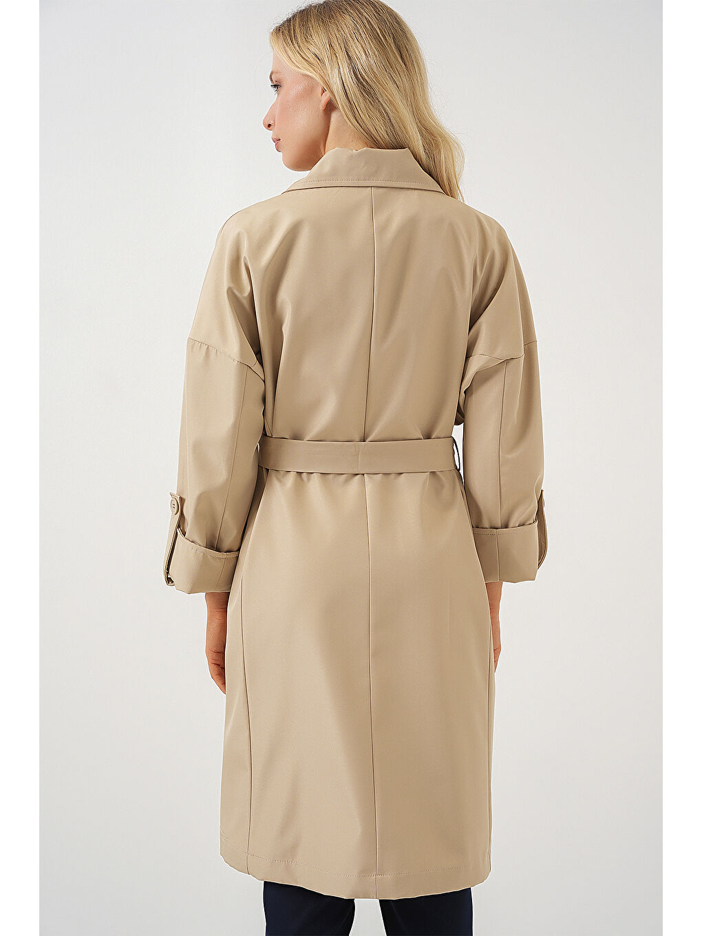 9104 Kruvaze Yaka Astarlı Trençkot - Bej-6