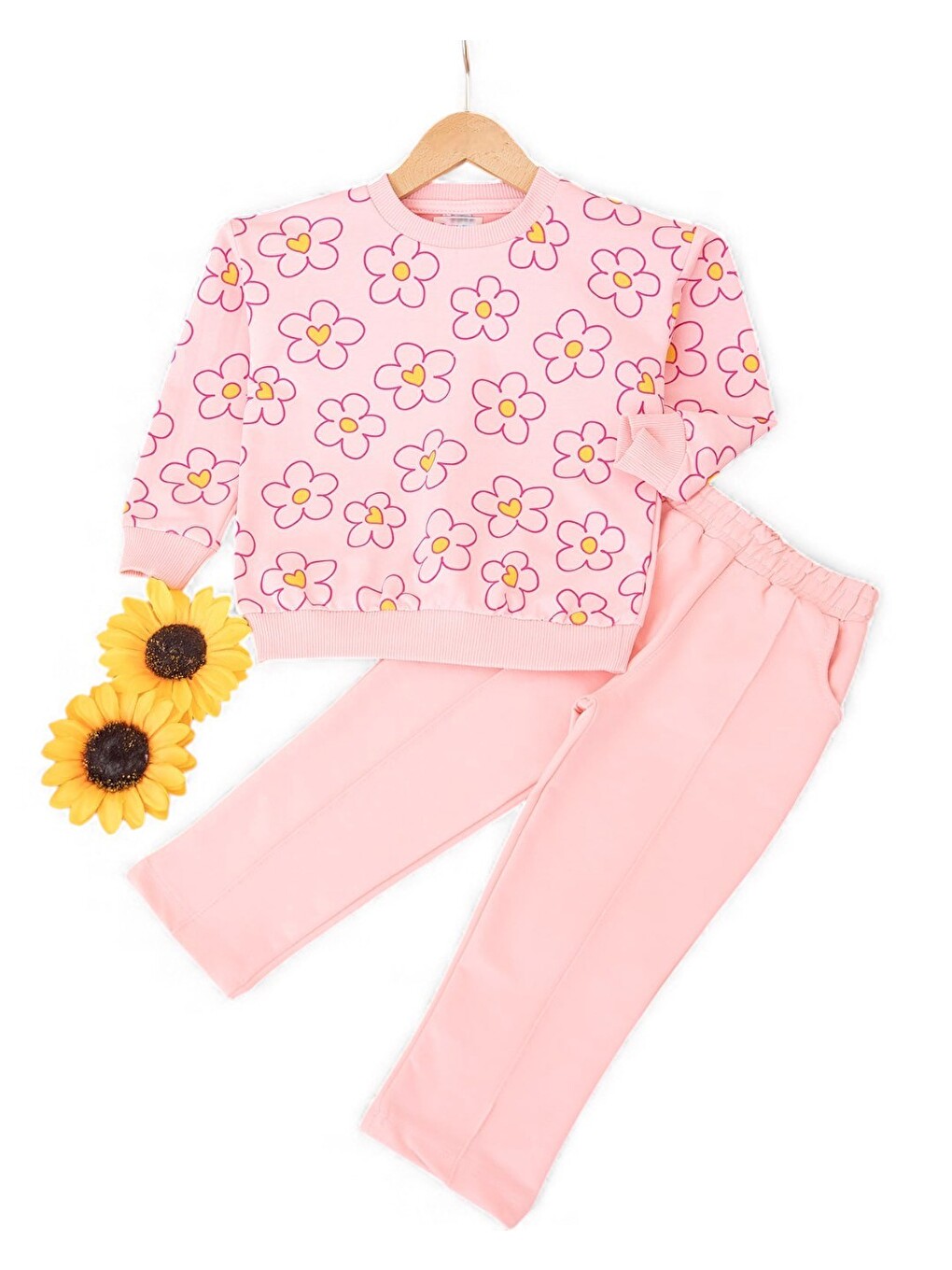 Pembe Kız Çocuk Mevsimlik Çiçek Baskılı, Çimalı Pantalonlu Takım-1