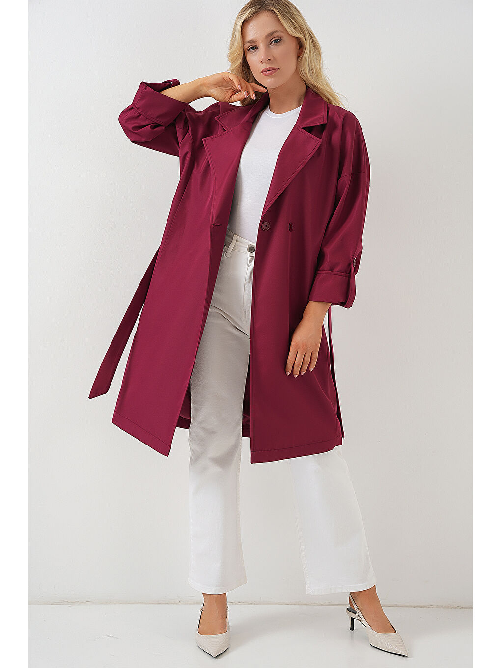 9104 Kruvaze Yaka Astarlı Trençkot - Bordo-1