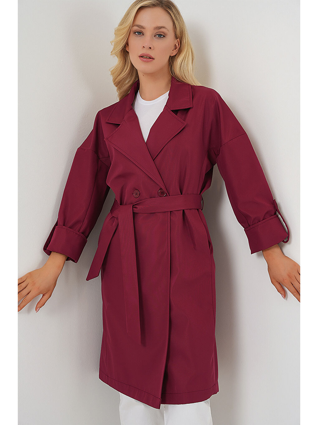 9104 Kruvaze Yaka Astarlı Trençkot - Bordo-3