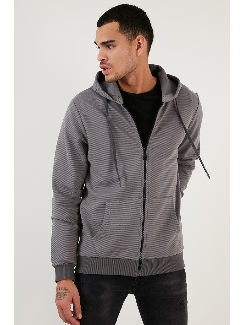 Antrasit Regular Fit Kapüşonlu Cepli  Pamuklu Fermuarlı Sweatshirt 5905218