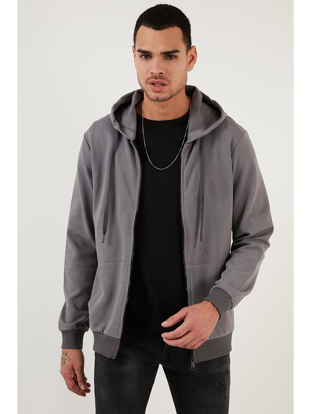 Antrasit Regular Fit Kapüşonlu Cepli  Pamuklu Fermuarlı Sweatshirt 5905218-1