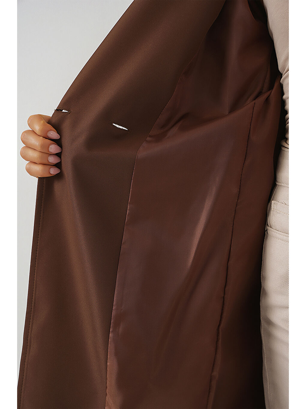 9104 Kruvaze Yaka Astarlı Trençkot - Kahverengi-5