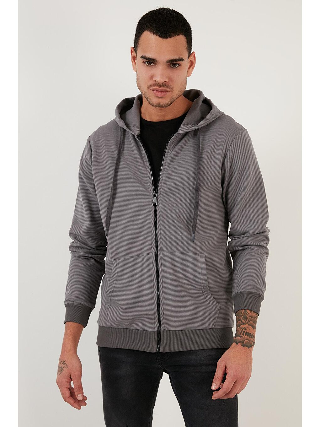 Antrasit Regular Fit Kapüşonlu Cepli  Pamuklu Fermuarlı Sweatshirt 5905218-4