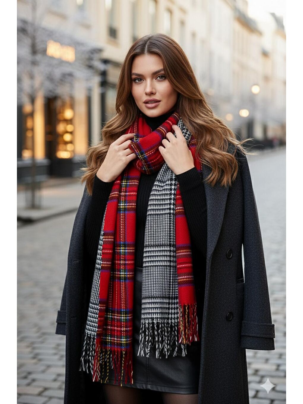 Kadın Kırmızı Çift Taraflı Ekose Desenli Atkı - Şal 70x185 cm Sal1214