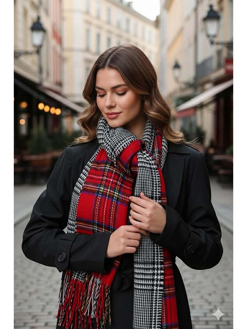 Kadın Kırmızı Çift Taraflı Ekose Desenli Atkı - Şal 70x185 cm Sal1214-1