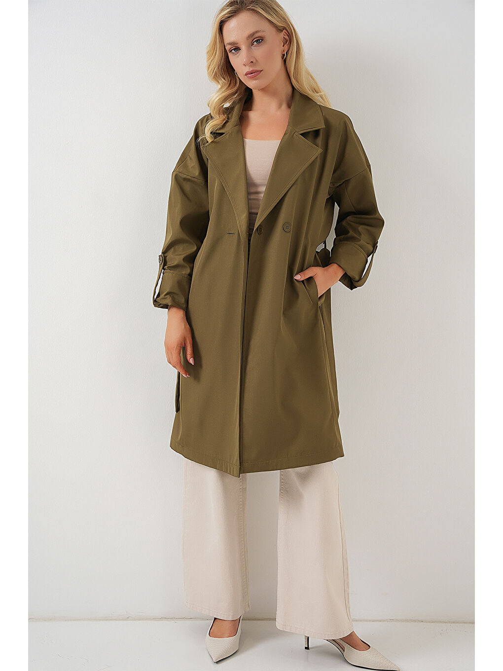 9104 Kruvaze Yaka Astarlı Trençkot - Haki-1