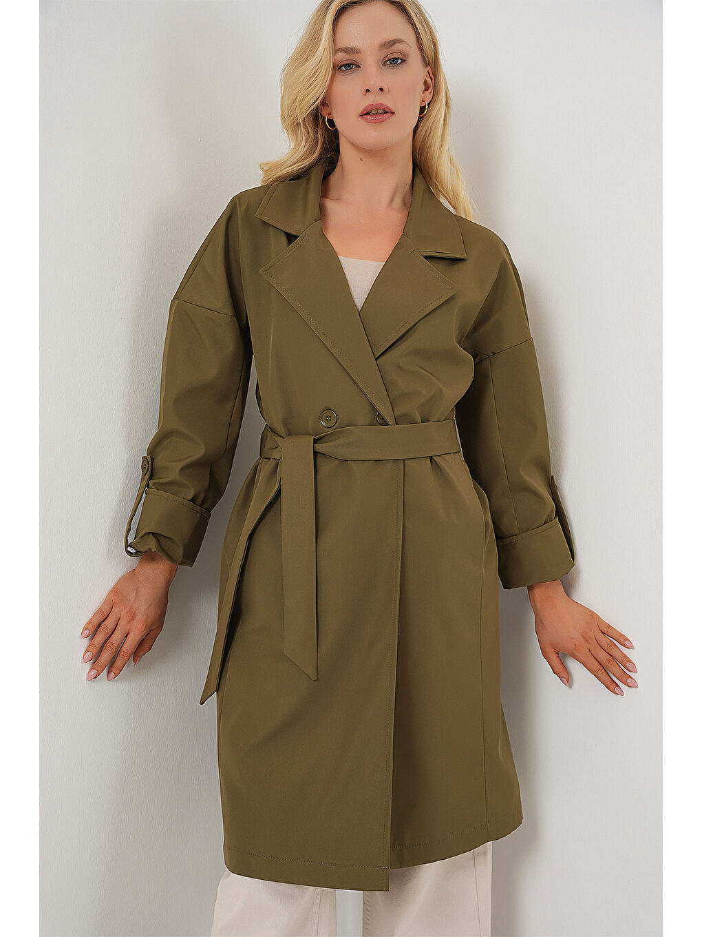 9104 Kruvaze Yaka Astarlı Trençkot - Haki-2