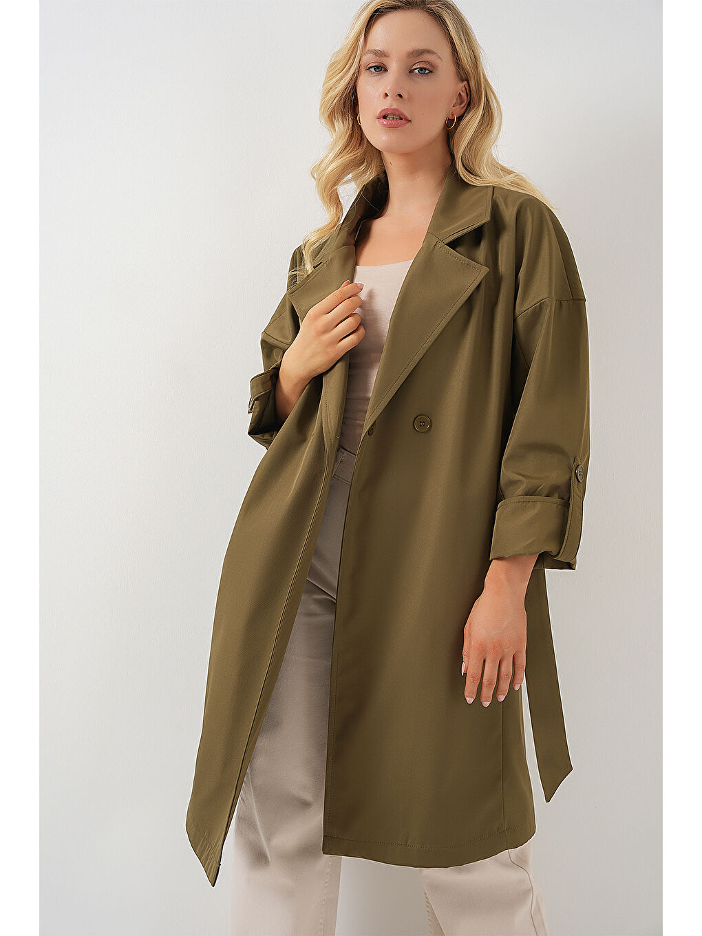 9104 Kruvaze Yaka Astarlı Trençkot - Haki-3