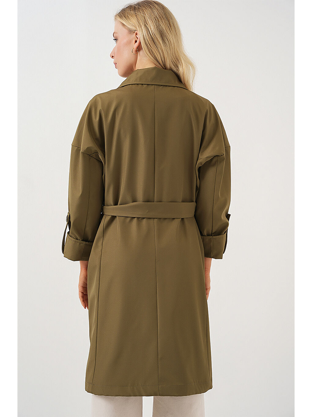 9104 Kruvaze Yaka Astarlı Trençkot - Haki-6