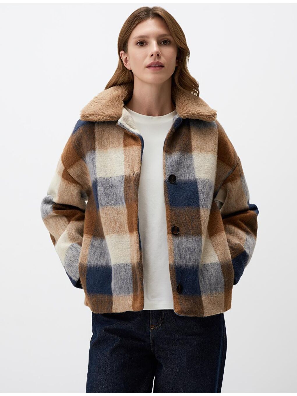 Lacivert Ekose Desenli Uzun Kollu Kaşe Ceket