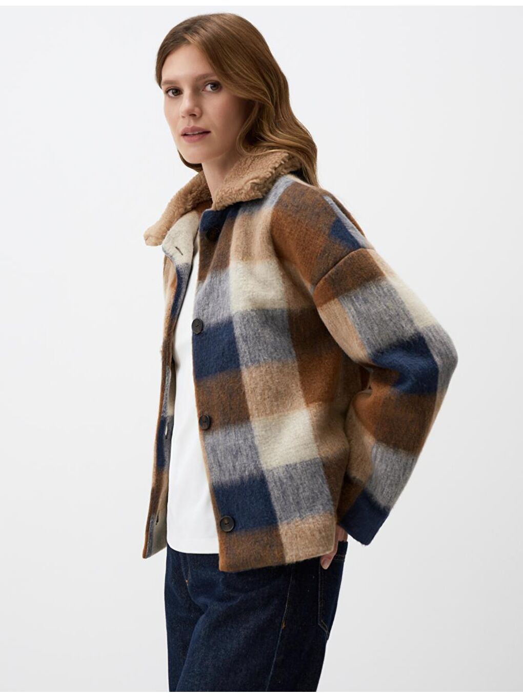 Lacivert Ekose Desenli Uzun Kollu Kaşe Ceket-2