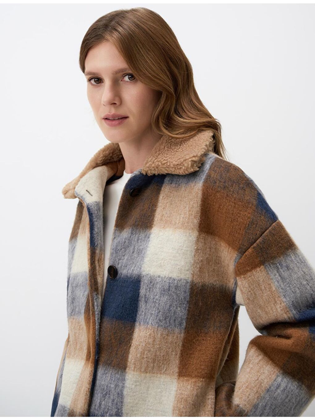 Lacivert Ekose Desenli Uzun Kollu Kaşe Ceket-4