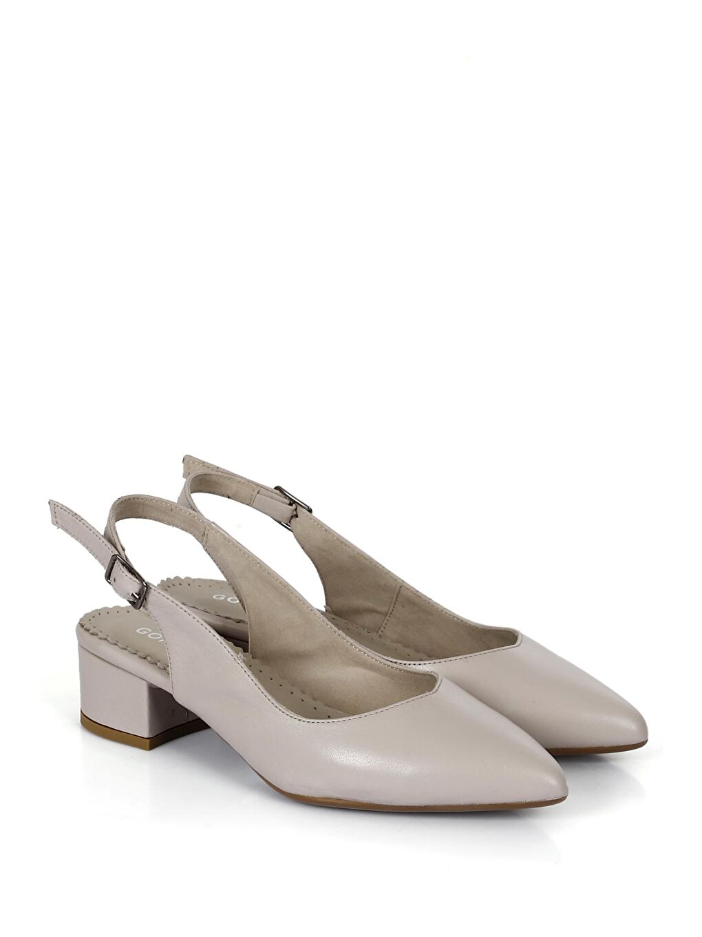 Bej BEJ  Hakiki Deri Sivri Burun Kısa Kalın Topuklu Arkası Açık Kadın Yazlık Ayakkabı 24173-4