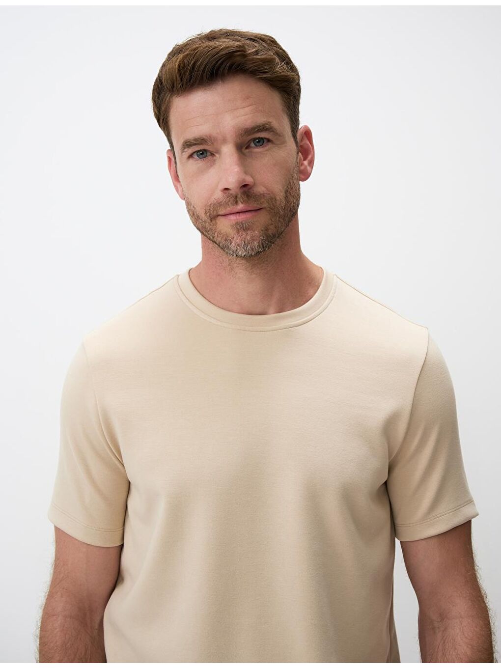 Bej Bisiklet Yaka Kısa Kollu Erkek Basic Tişört-4