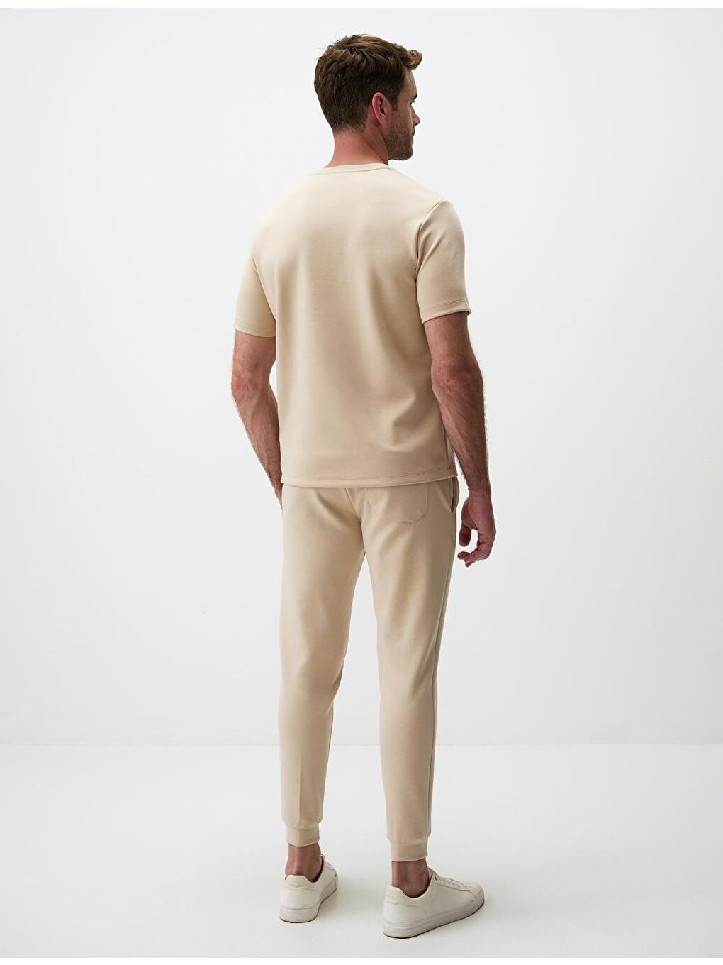 Bej Bisiklet Yaka Kısa Kollu Erkek Basic Tişört-5