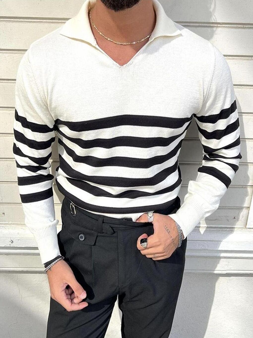 Beyaz Erkek Çizgili Polo Yaka Triko Kazak-1