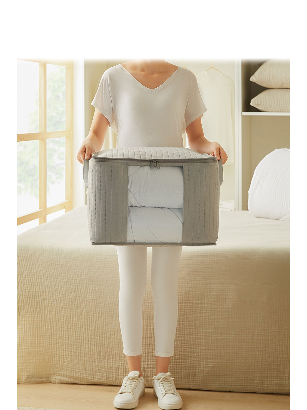 Orta Boy Pvc Pencereli Gri Renk Kapitone Hurç 45 x 40 x 30 cm-2