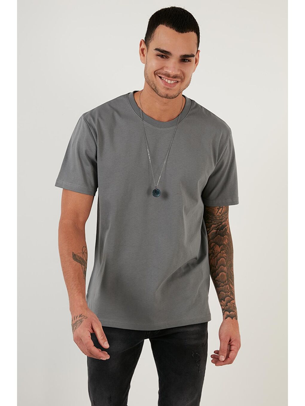 Antrasit Regular Fit Bisiklet Yaka Pamuklu Basic T Shirt 5902271