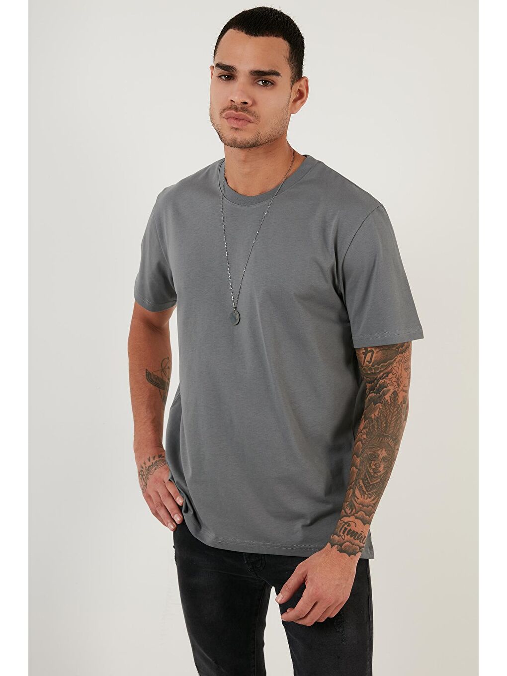 Antrasit Regular Fit Bisiklet Yaka Pamuklu Basic T Shirt 5902271-1