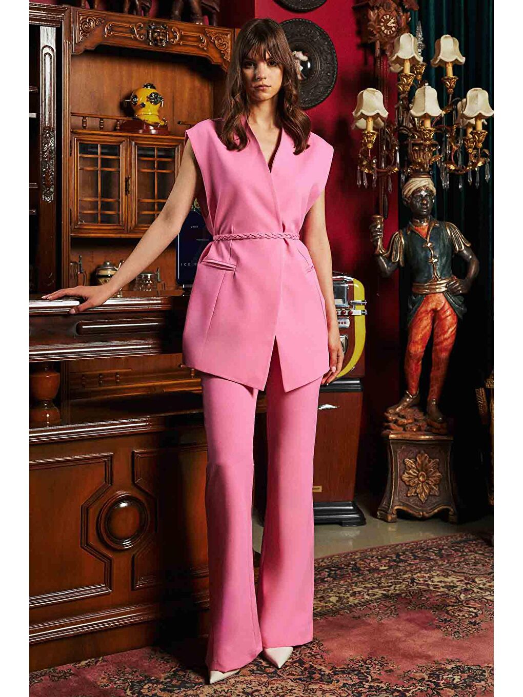 Örgü Kemerli Pembe Pantolon Takım