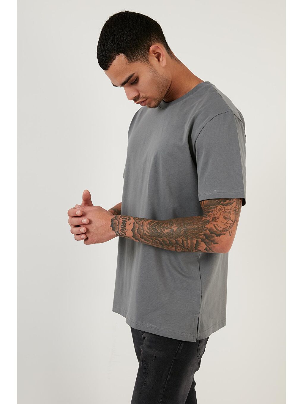 Antrasit Regular Fit Bisiklet Yaka Pamuklu Basic T Shirt 5902271-2