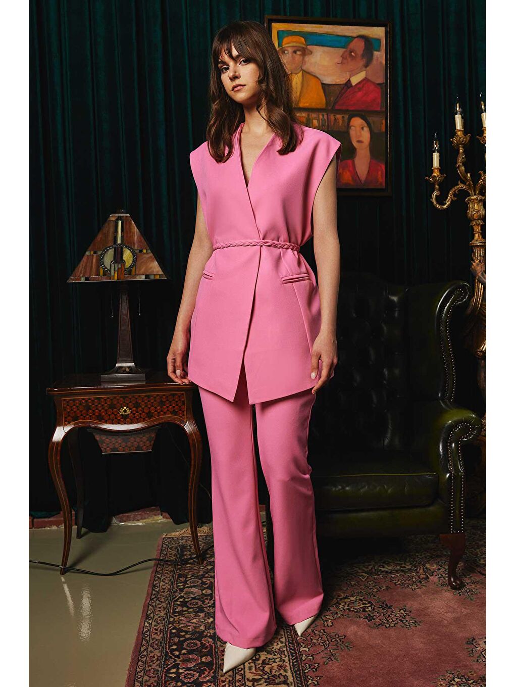 Örgü Kemerli Pembe Pantolon Takım-3