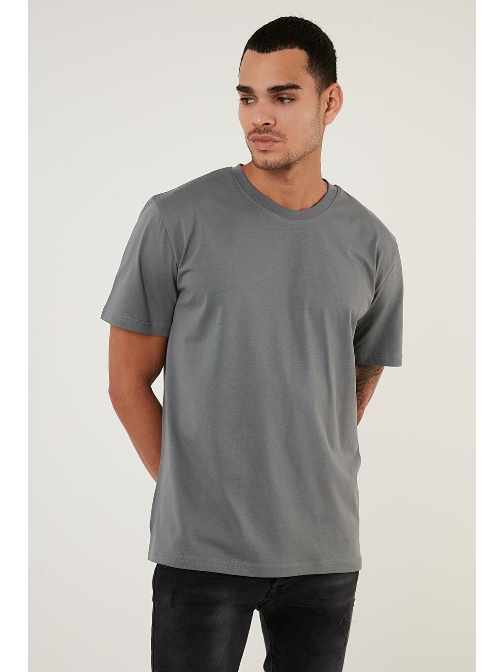 Antrasit Regular Fit Bisiklet Yaka Pamuklu Basic T Shirt 5902271-3