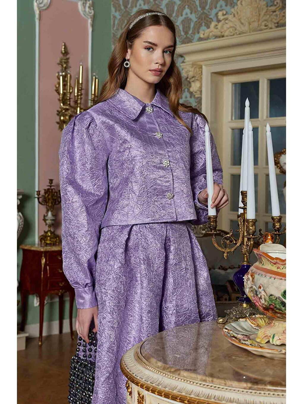 Taş Düğmeli Lila Brokar Etekli Takım-2