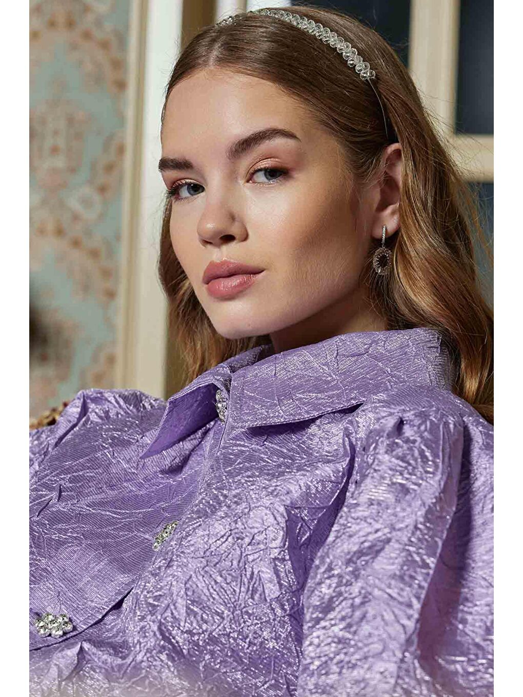 Taş Düğmeli Lila Brokar Etekli Takım-4