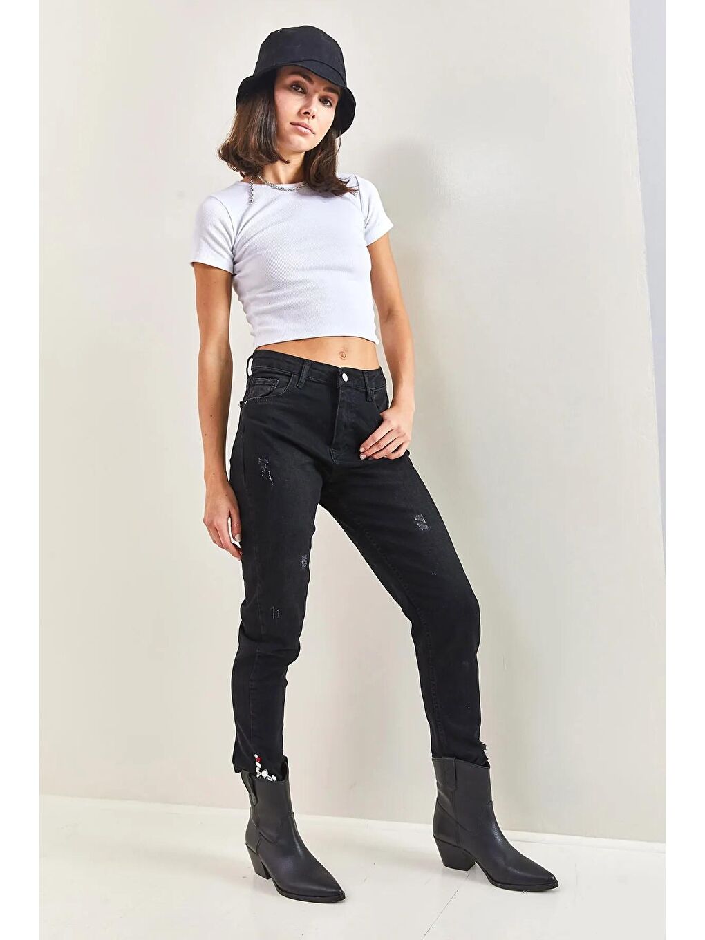 Lacivert Kadın Yüksek Bel Paça Taşlı Mom Jeans-1