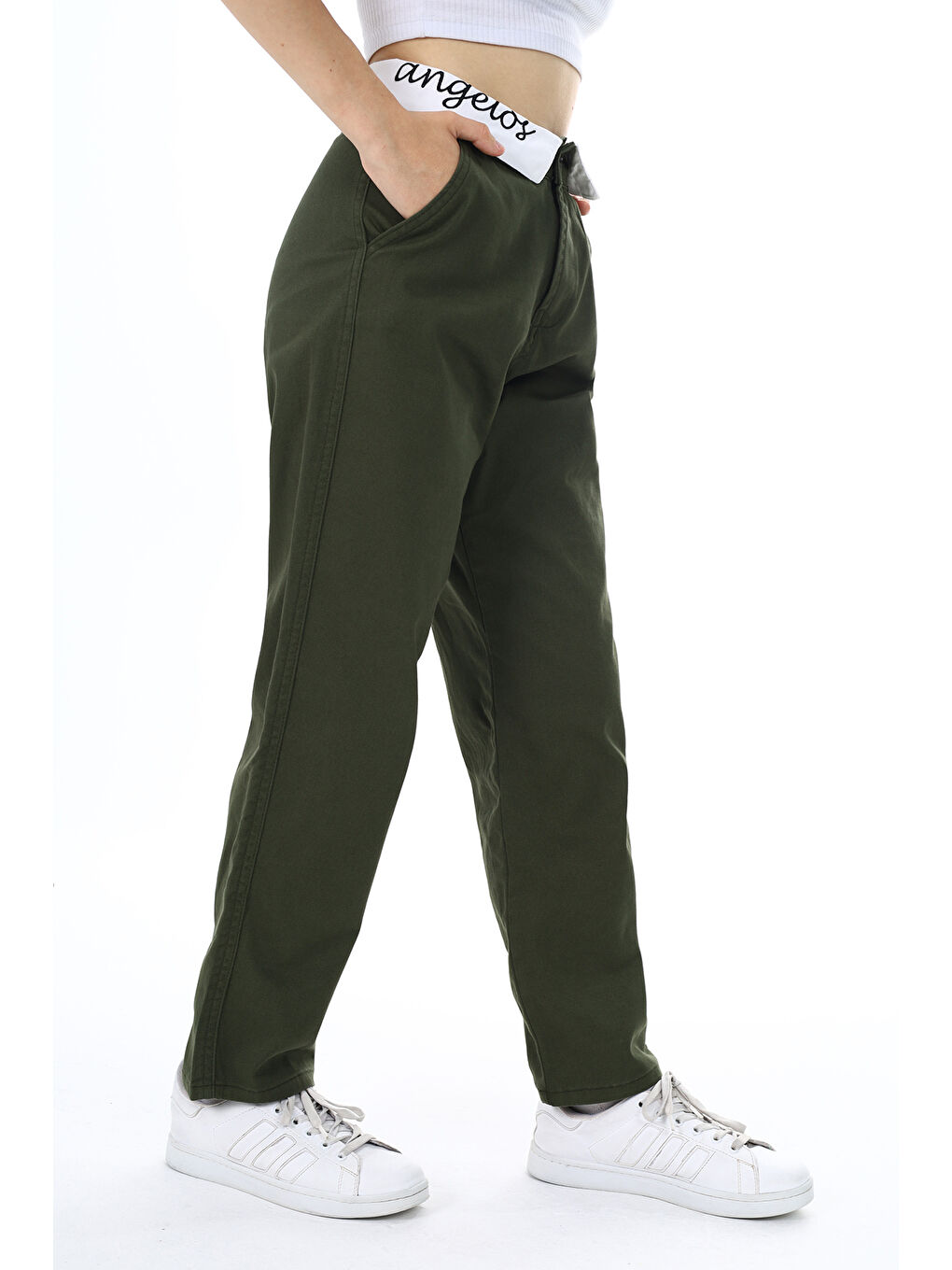 Haki Kız Çocuk Bel Detaylı Gabardin Pantolon 9-14 Yaş Px352-1